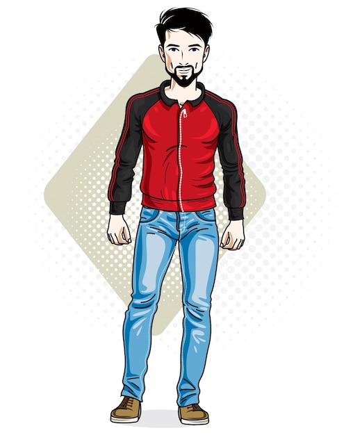 Handsome brunet young man standing. Vector illustration of man with beard and whiskers wearing stylish casual clothes.