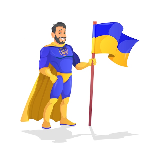 Handsome cartoon superhero standing with Ukrainian flag and heroic with a friendly smile on white background