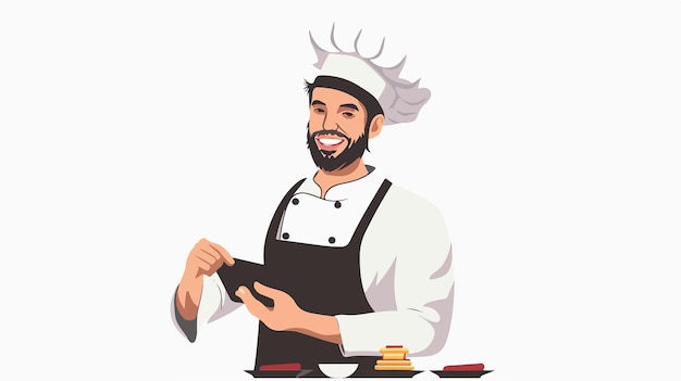 Vector handsome chef inserting card in terminal professional culinary payment terminal operation