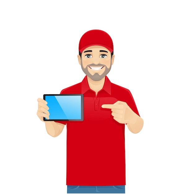 Handsome delivery man in red uniform showing tablet witn blank screen Isolated vector illustration