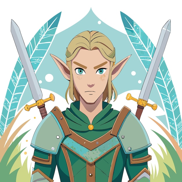 Vector a handsome elf warrior in green armor with two swords strapped to his back