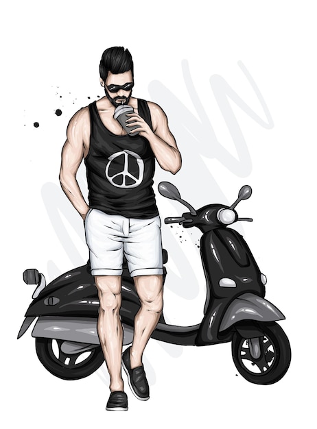 Vector handsome guy in stylish clothes and vintage moped