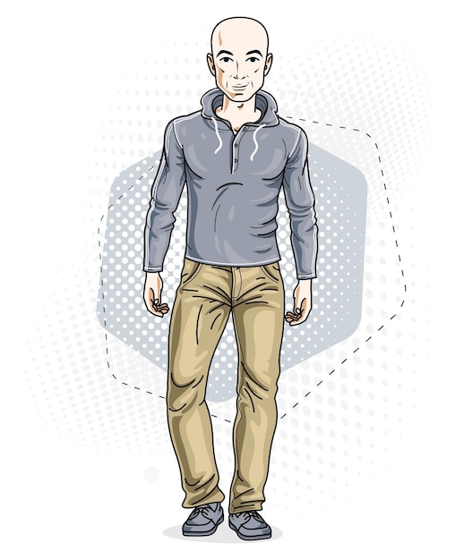 Handsome hairless young man poses on modern background. Vector illustration of male wearing jeans and pullover. Lifestyle theme clipart.