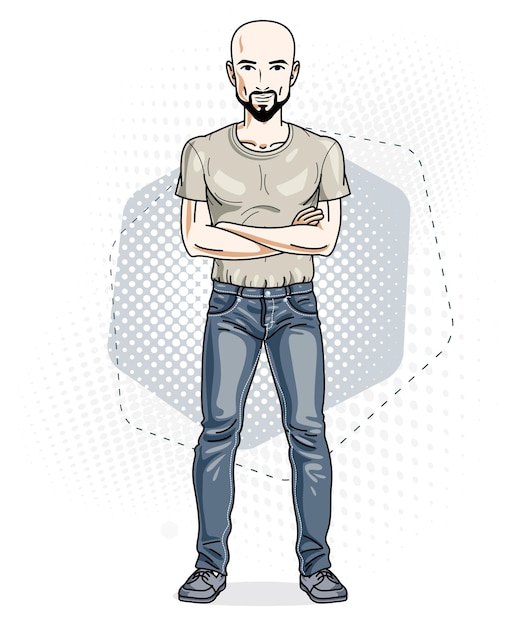 Handsome hairless young man poses on modern background. Vector illustration of male with beard and mustaches. Lifestyle theme clipart.