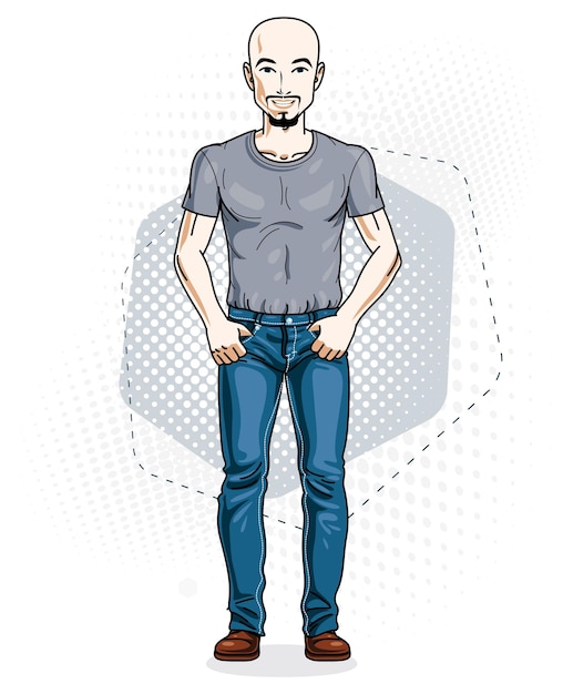 Handsome hairless young man poses on modern background. Vector illustration of male with beard and mustaches. Lifestyle theme clipart.