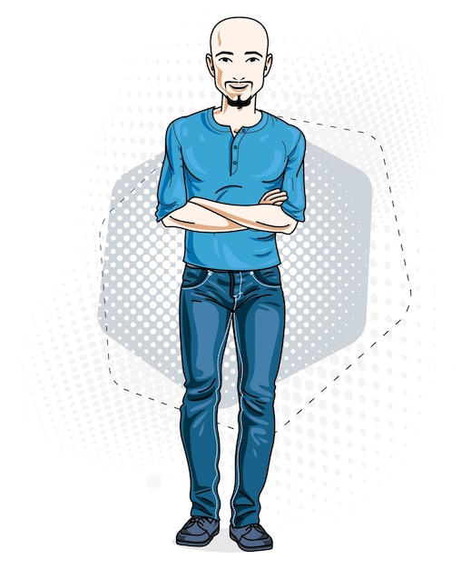 Handsome hairless young man poses on modern background. Vector illustration of male with beard and mustaches. Lifestyle theme clipart.