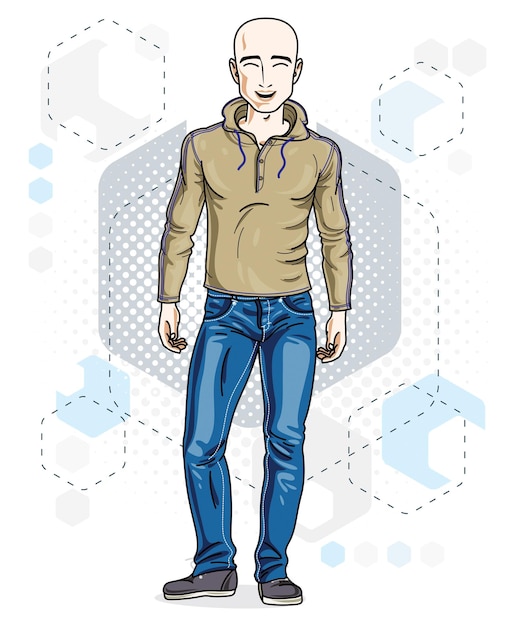 Handsome hairless young man standing. Vector illustration of man wearing stylish casual clothes.