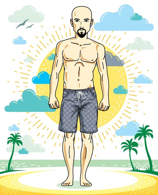 Vector handsome hairless young man with beard and mustaches standing on tropical beach in bright shorts. vector athletic male illustration. summer vacation lifestyle theme cartoon.