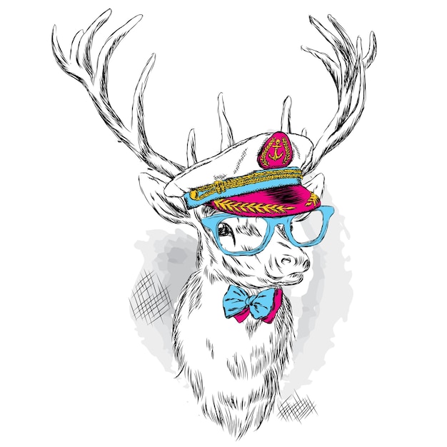 Handsome hipster deer in captains cap