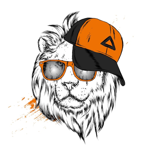 Handsome lion hipster in stylish cap and glasses