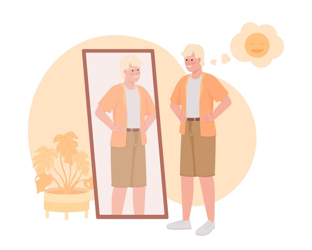 Handsome man looking in mirror 2D vector isolated illustration