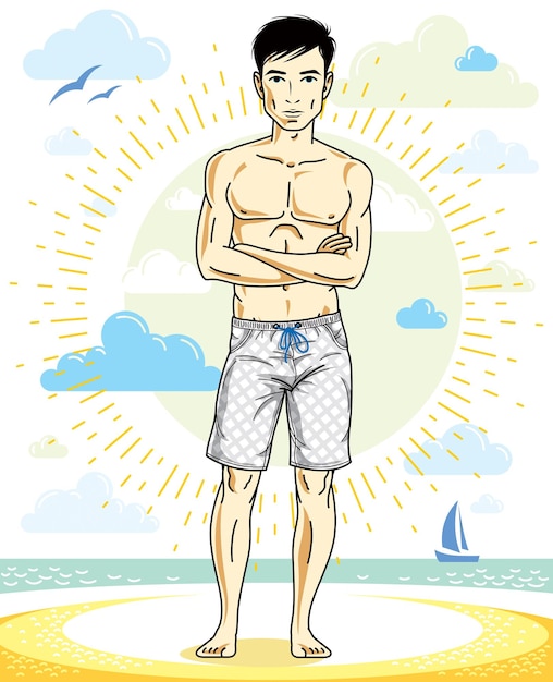 Handsome man posing on tropical beach in colorful shorts. Vector character. Summer holidays theme.