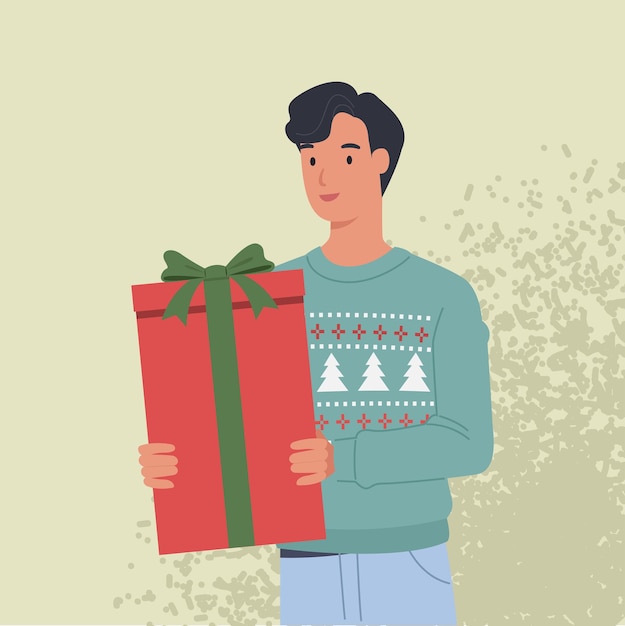 Handsome man in a sweater holding a Christmas present in his hand.  illustration in a flat style