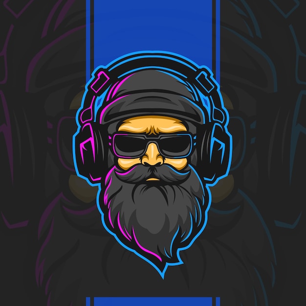 handsome man wearing headphone with long beard gaming esports logo design