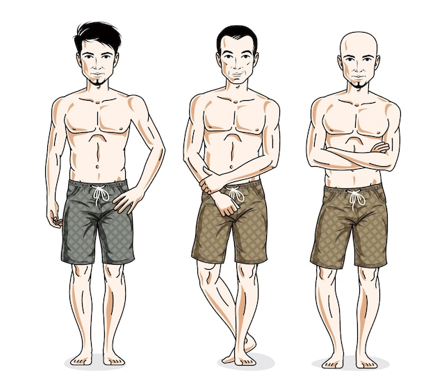 Handsome men group standing wearing beach shorts. Vector different people characters set. Lifestyle theme male characters.