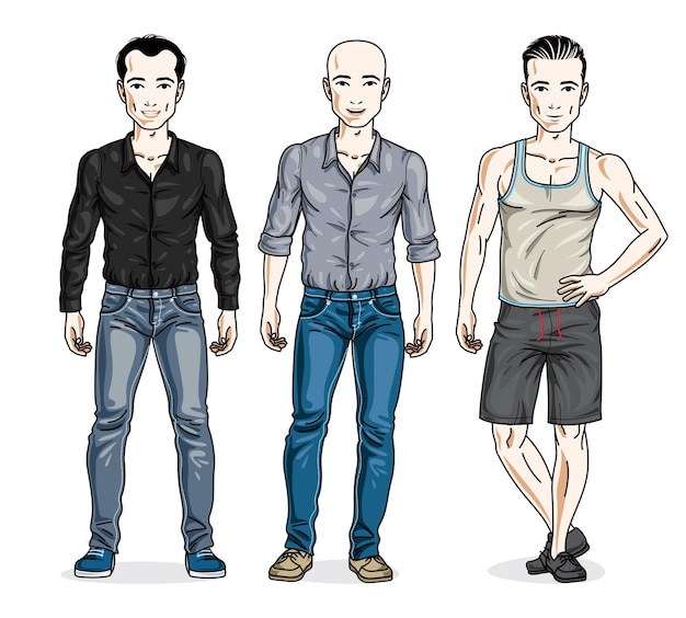 Handsome men group standing wearing casual clothes. Vector set of beautiful people illustrations. Lifestyle theme male characters.