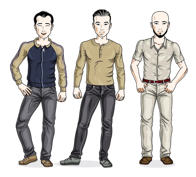 Handsome men group standing wearing fashionable casual clothes. Vector set of beautiful people illustrations.