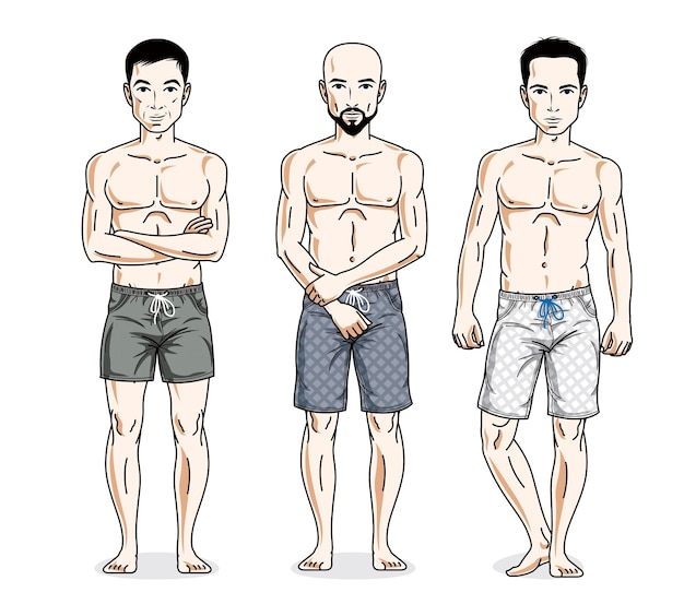 Handsome men group standing with perfect body, wearing beach shorts. Vector different people characters set.