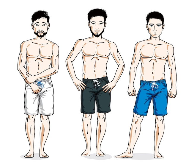 Handsome men posing in colorful beach shorts. Vector characters set. Lifestyle theme male characters.