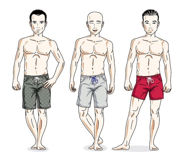 Handsome men posing in colorful beach shorts. Vector characters set.