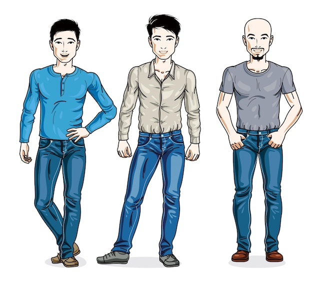 Handsome men posing wearing casual clothes. Vector diverse people illustrations set. Lifestyle theme male characters.