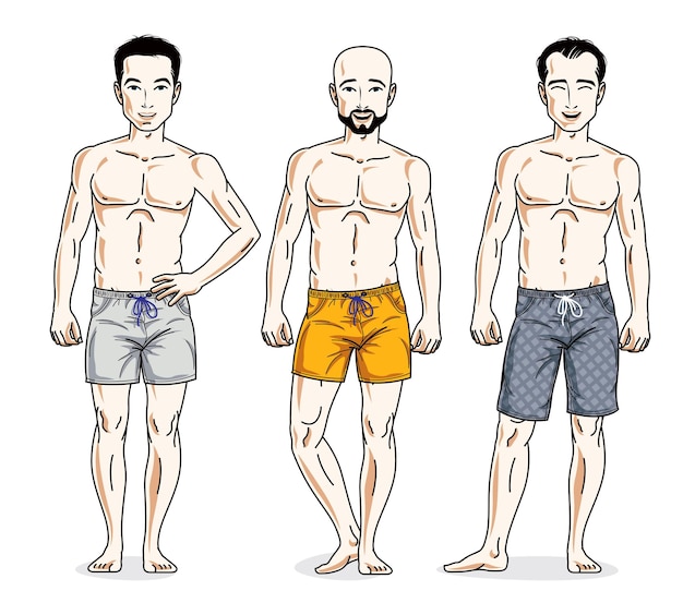 Handsome men posing with athletic body, wearing beach shorts. Vector characters set. Lifestyle theme male characters.