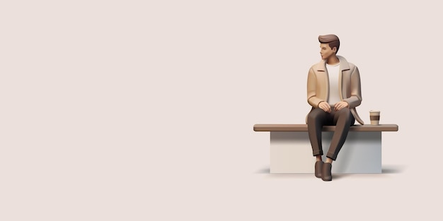 Vector handsome men sitting on a bench with cup of coffee 3d render illustration in brown colors