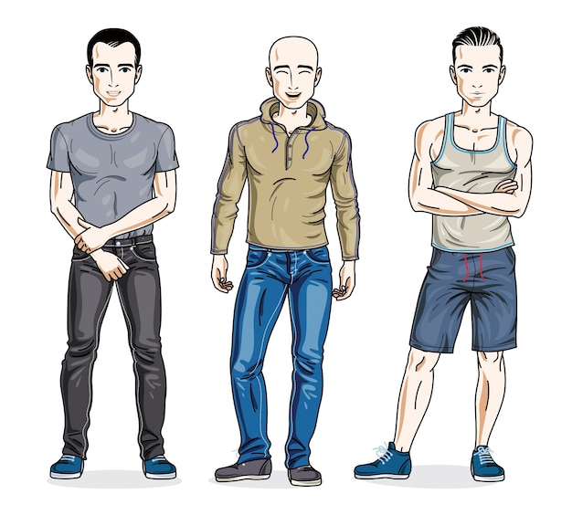 Handsome men standing in stylish casual clothes. Vector different people characters set. Lifestyle theme male characters.