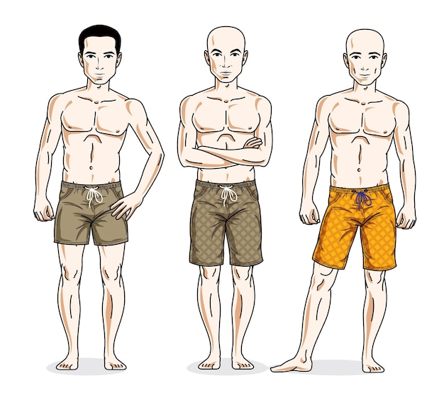 Handsome men standing with perfect body, wearing beach shorts. Vector people illustrations set. Lifestyle theme male characters.