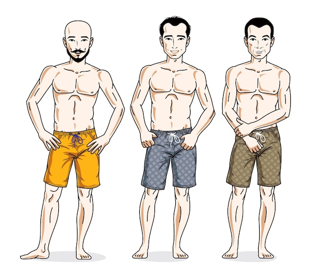 Handsome men standing with perfect body, wearing beach shorts. Vector people illustrations set. Lifestyle theme male characters.