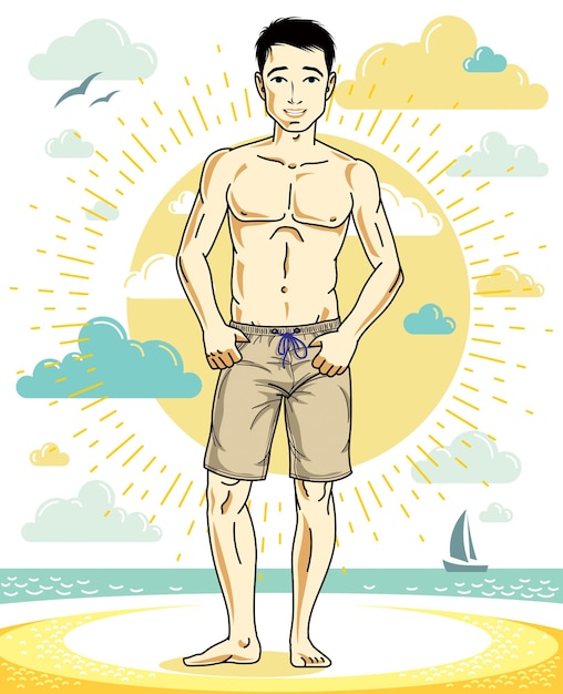 Handsome young man standing on tropical beach in bright shorts. Vector athletic male illustration. Summer vacation lifestyle theme cartoon.