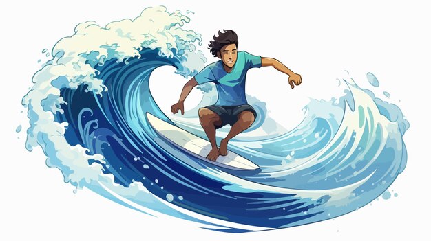 Vector handsome young man surfing on a cartoon ocean wave vector illustration