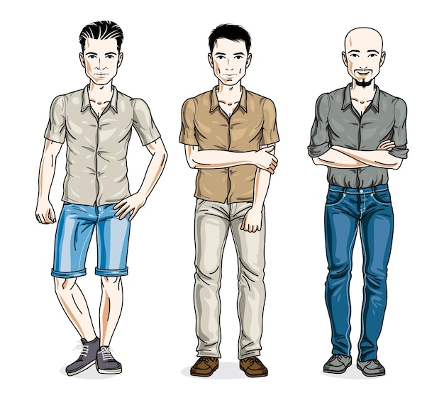 Handsome young men group standing wearing casual clothes. Vector people illustrations set. Lifestyle theme male characters.