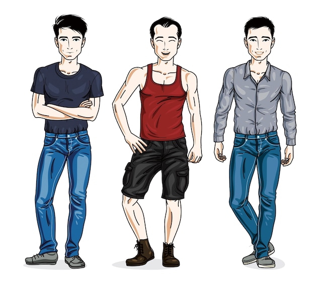 Handsome young men group standing wearing fashionable casual clothes. Vector people illustrations set.