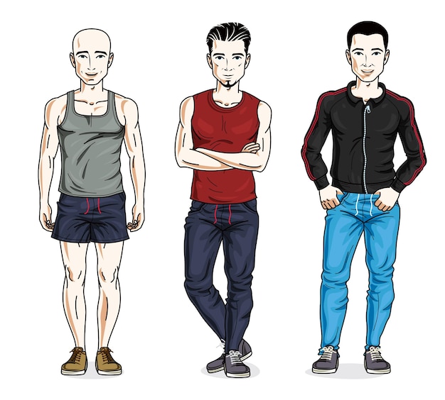 Handsome young men posing in stylish sportswear, sportsman and fitness people. Vector people illustrations set. Lifestyle theme male characters.