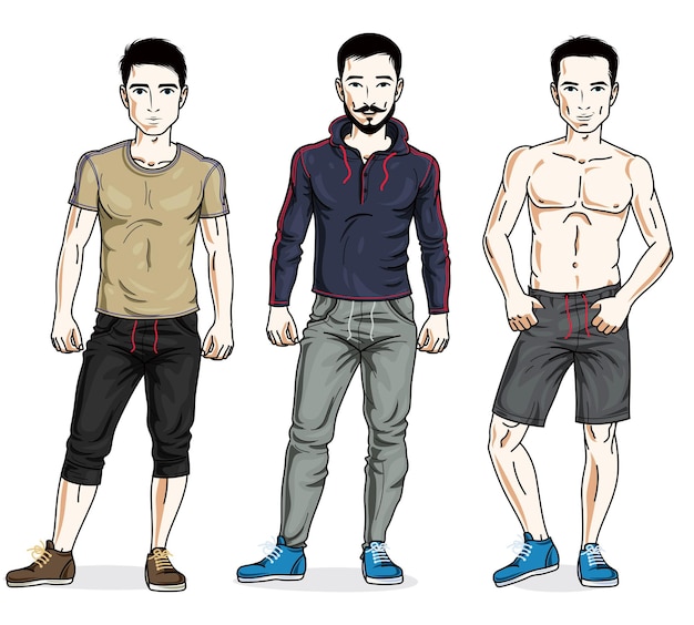 Handsome young men posing in stylish sportswear. Vector people illustrations set. Lifestyle theme male characters.