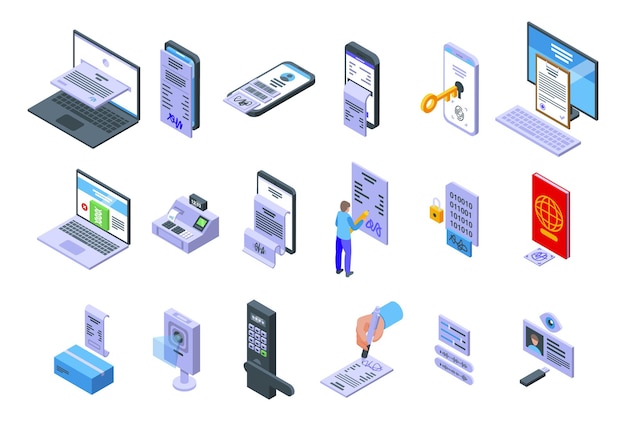 Handwriting identification icons set isometric vector. Access approve