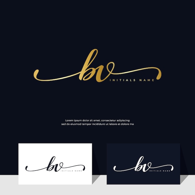 Vector handwriting initial of letter bv b v feminine and beauty logo design on gold color