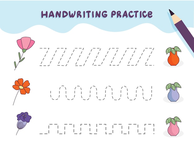 Handwriting practice for preschool children. Tracing lines with colorful flowers. Educational kids game. Worksheet for kids