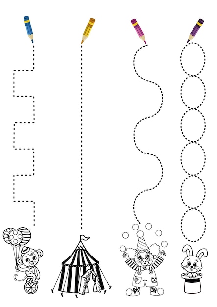 Handwriting practice sheet in the circus theme. Educational game for children. Vector illustration.