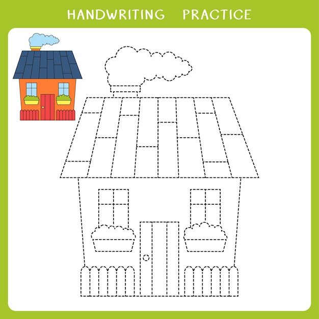 Handwriting practice sheet with house for kids