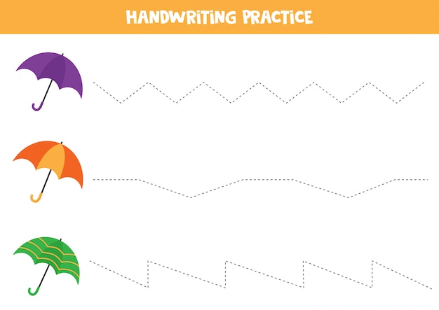 Handwriting practice. Trace lines. Set of colorful umbrellas. 