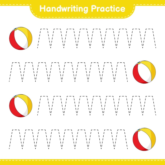 Handwriting practice Tracing lines of Beach Ball Educational children game printable worksheet vector illustration