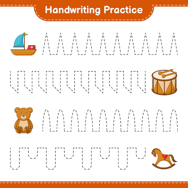 Handwriting practice. Tracing lines of Boat, Drum, Teddy Bear, and Rocking Horse. Educational children game