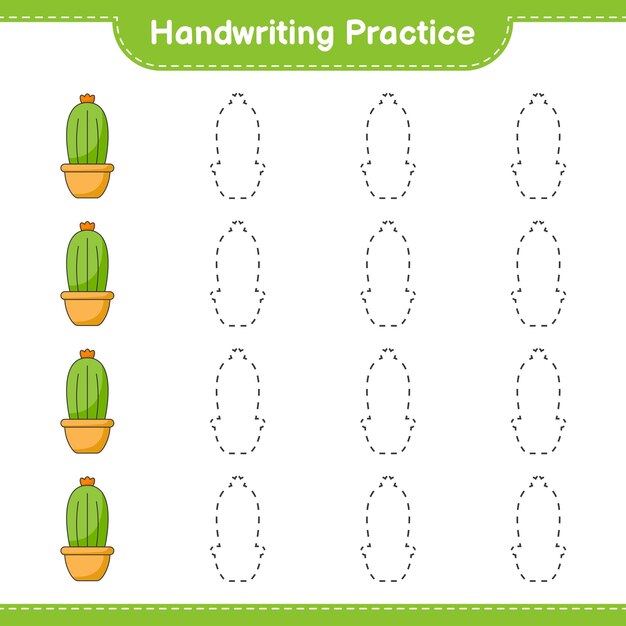 Handwriting practice. Tracing lines of Cactus. Educational children game, printable worksheet, vector illustration