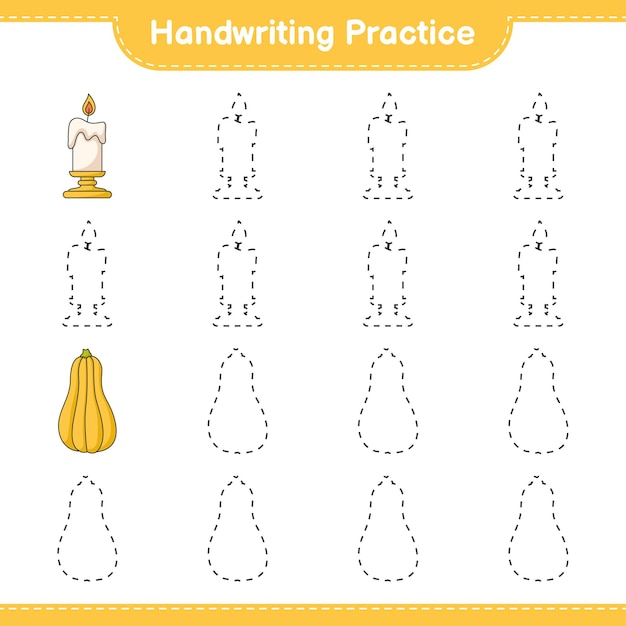 Handwriting practice Tracing lines of Candle and Butternut Squash Educational children game