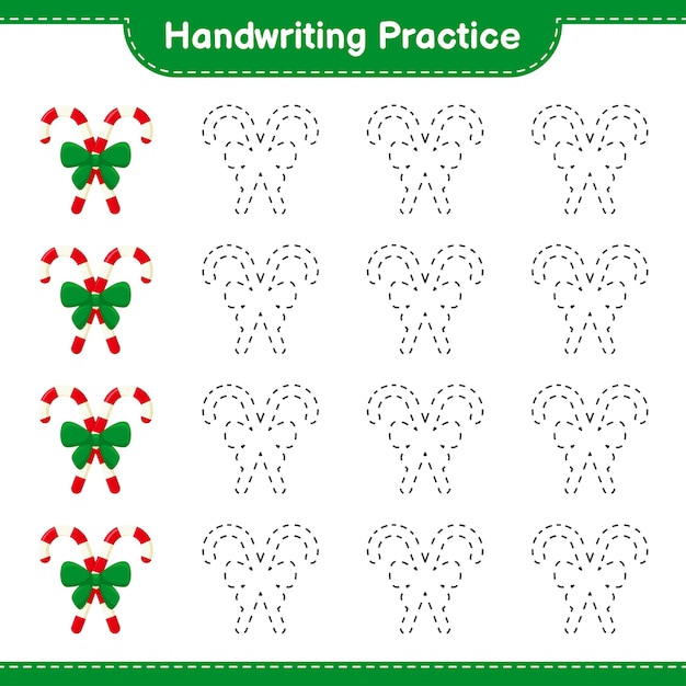 Handwriting practice. Tracing lines of Candy Canes with Ribbon. Educational children game 