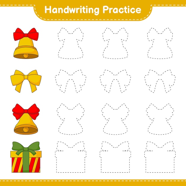 Handwriting practice Tracing lines of Christmas Bell Ribbon and Gift Box Educational children game printable worksheet vector illustration