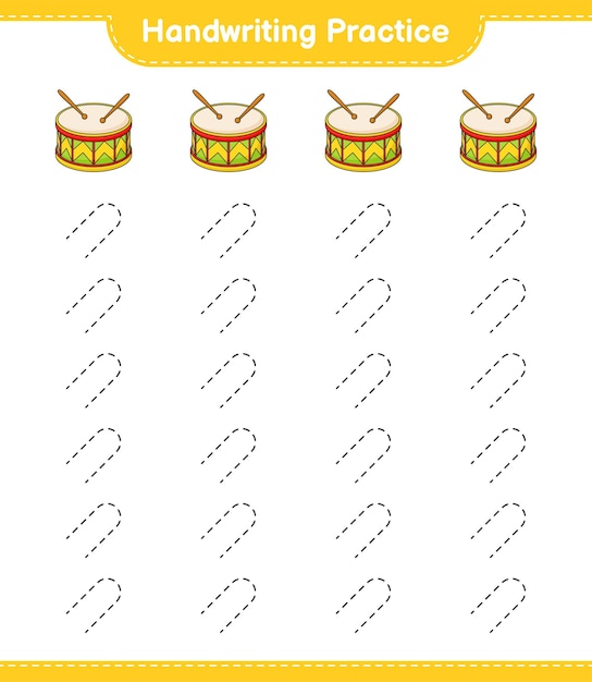 Handwriting practice. Tracing lines of Drum. Educational children game, printable worksheet, vector illustration