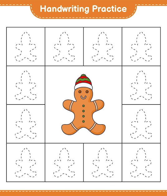 Handwriting practice Tracing lines of Gingerbread Man Educational children game printable worksheet vector illustration